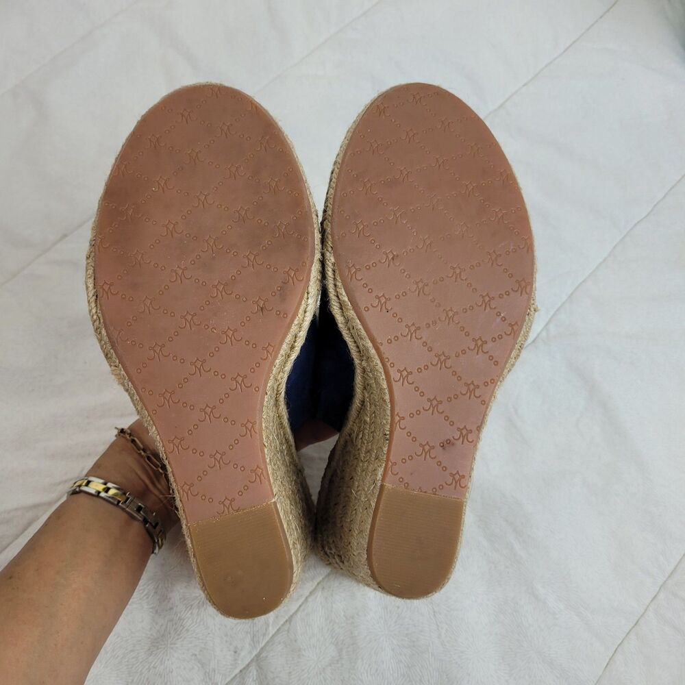JOHNSTON & MURPHY BLUE SUEDE ESPARTO ROPE HIGH HEEL OPEN TOE WEDGE MULE 10M - Picture 10 of 13